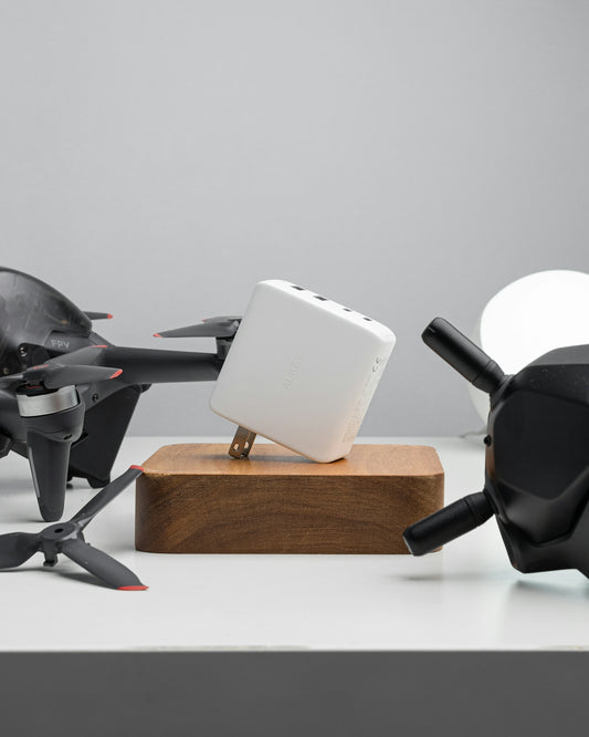 a black and white remote controlled flying device