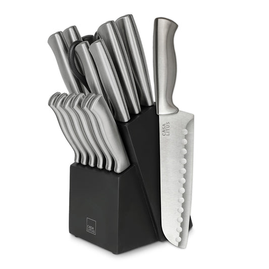 Cuchillos de Cocina de Acero Inoxidable con Base, Afilador y Tijeras 15 Pz