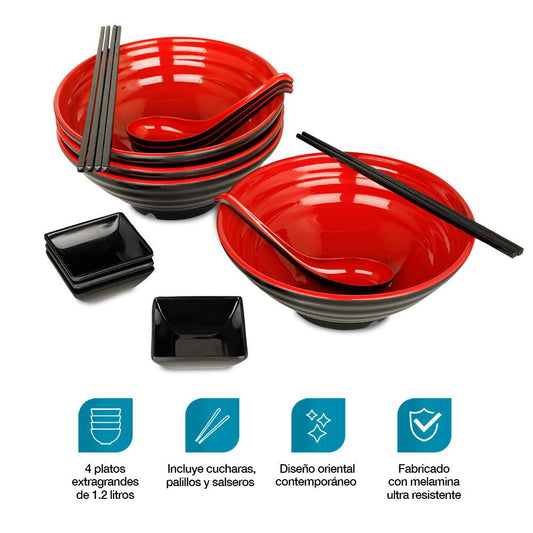 Vajilla de Melamina Estilo Japonés para Ramen Set para 4 Personas - Redlemon
