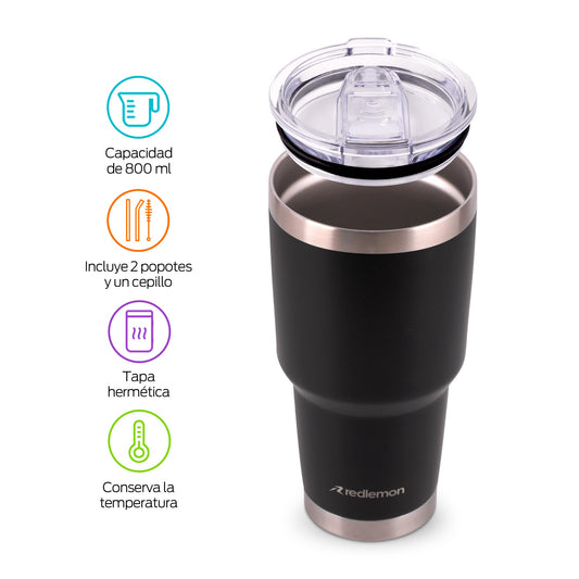 Termo y Vaso Térmico Acero Inoxidable 2 Popotes 800 ml Redlemon Technology México