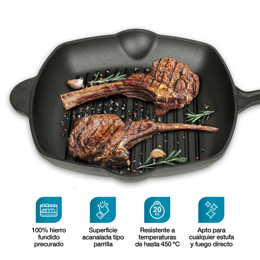 Sartén de Hierro Fundido Precurado tipo Grill Extra Grande (2 Litros)
