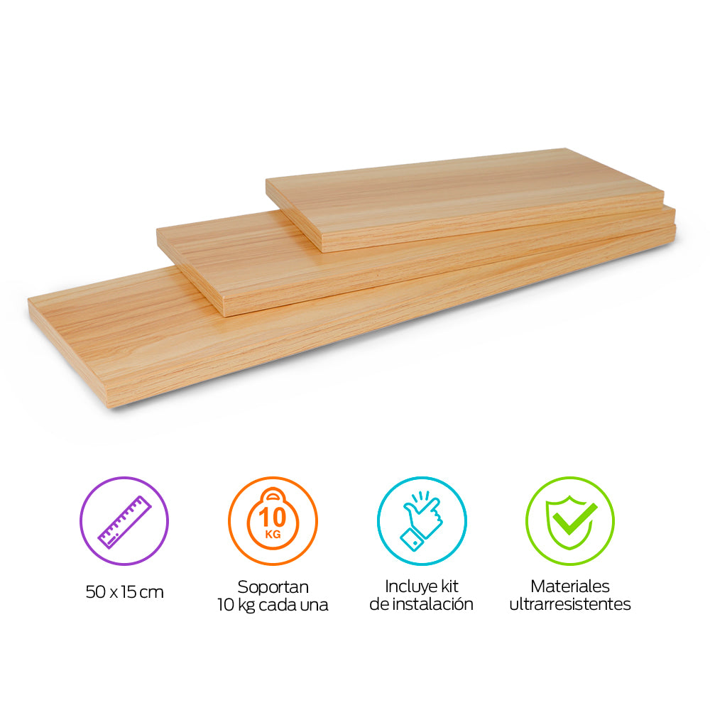 Repisas Flotantes Madera 3 Pz 30x15, 40x15 y 50x15 cm Redlemon Technology México