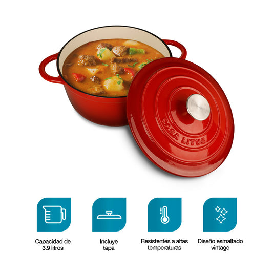 Olla de Hierro Fundido Esmaltada 3.9L Roja Horno Holandés Dutch Oven