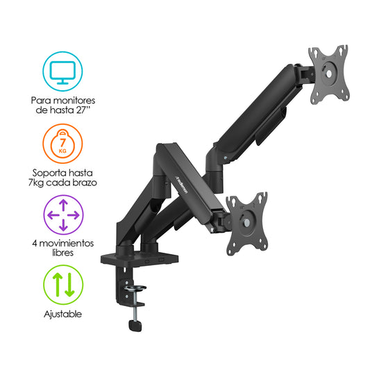 Soporte Hidráulico para 2 Monitores de Hasta 27” Ajustable