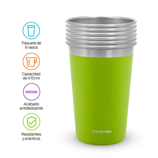 Set de 6 Vasos de Acero Inoxidable y Ecológicos (470 ml) Redlemon Technology México