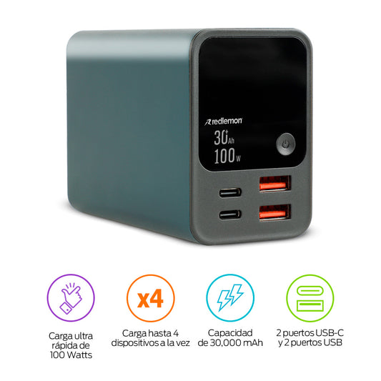 Power Bank de 30,000 mAh y 100 W Carga Extra Rápida 2 USB-C y 2 USB
