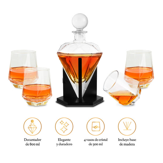 Vasos de Vidrio para Whisky con Decantador de Cristal en Forma de Diamante