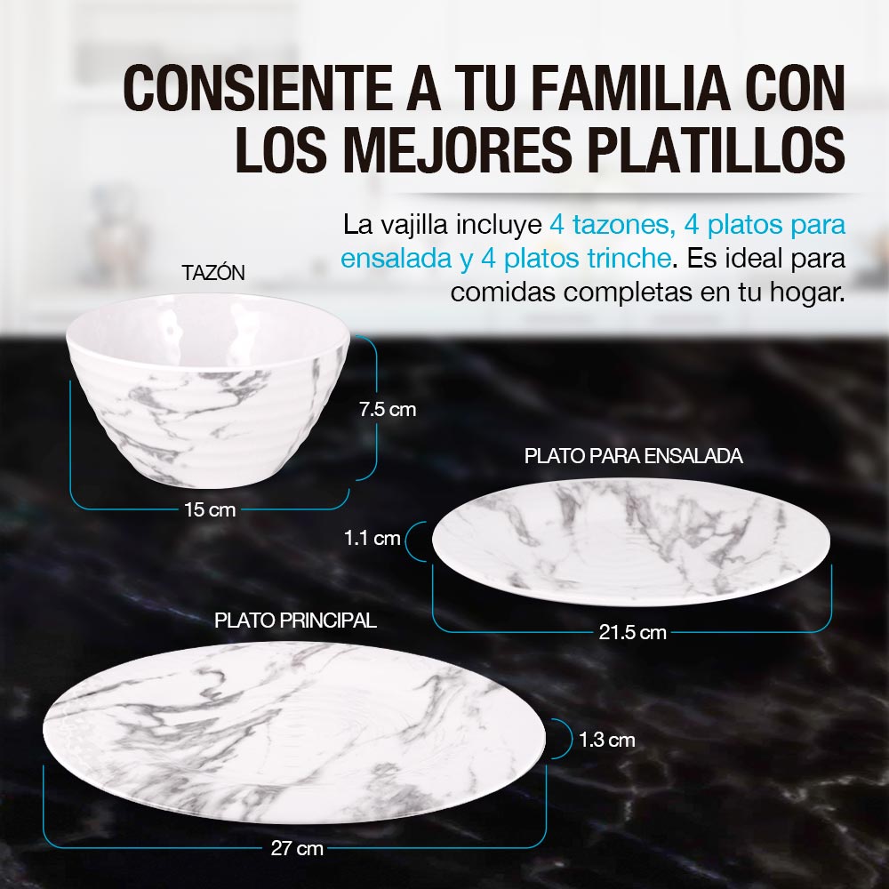 Vajilla de Melamina 12 Piezas Resiste Caídas 4 Personas Casa Litus Redlemon Technology México