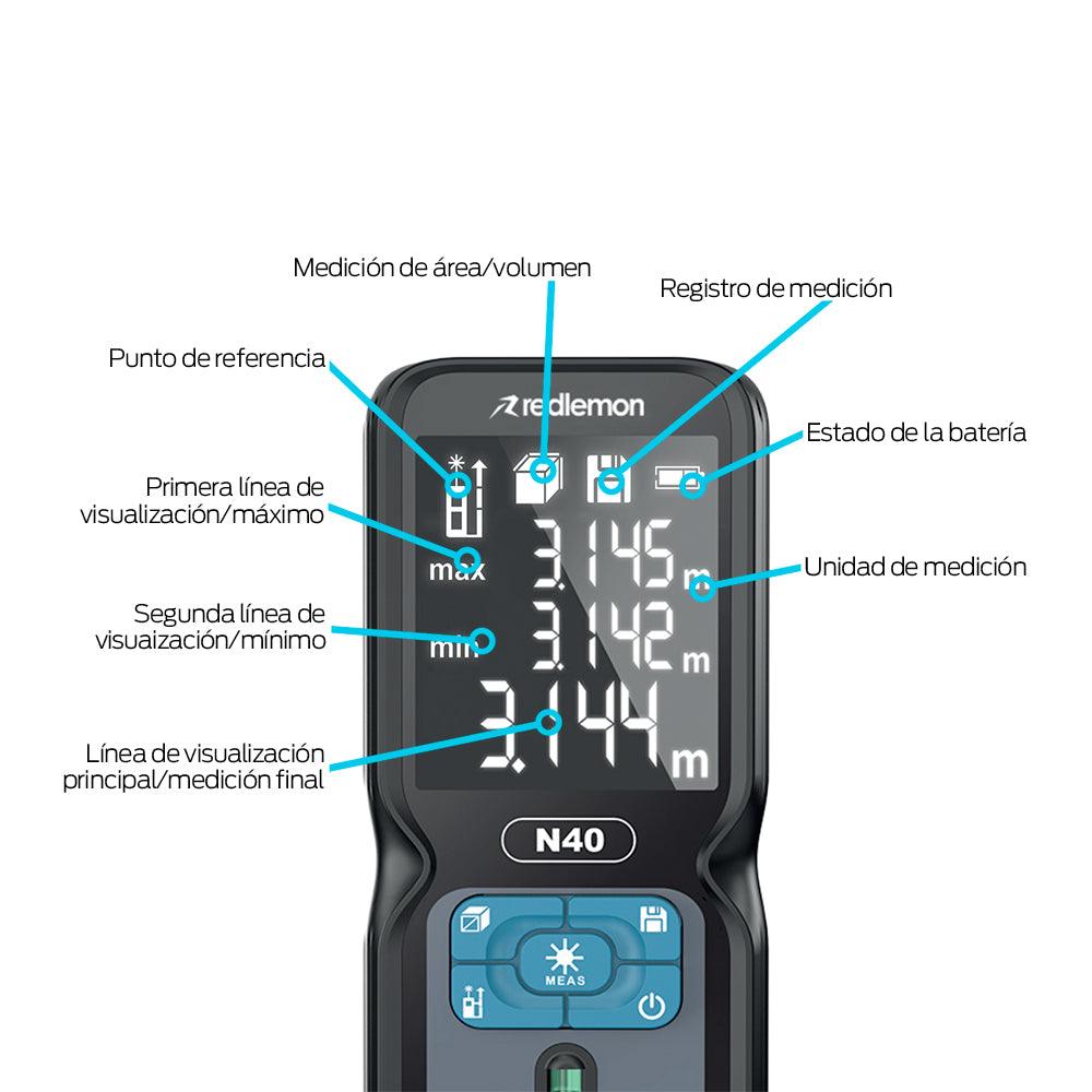 Medidor Láser Portátil de 40 Metros. Telémetro para Distancia, Altura, Área y Volumen - Redlemon