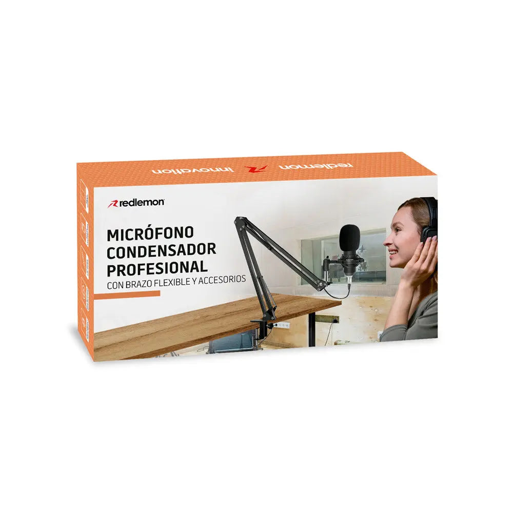 Micrófono Condensador Profesional para Estudio, AUX 3.5mm a XLR, Incluye Adaptador USB y Accesorios Redlemon Technology México