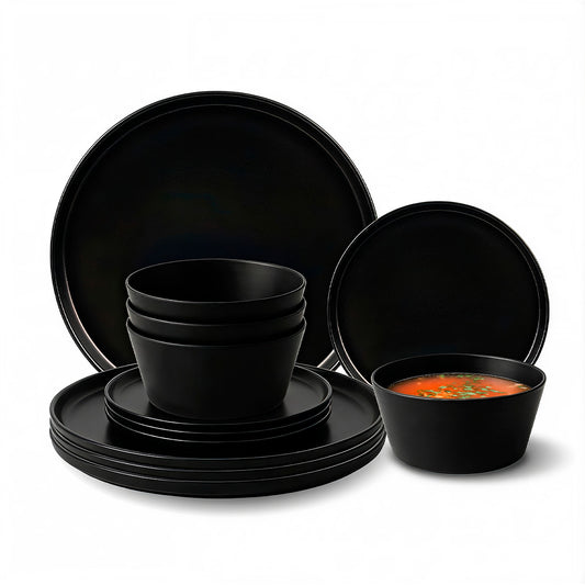 Vajilla Negra de Melamina Resistente a Caídas 12 Piezas para 4 Personas