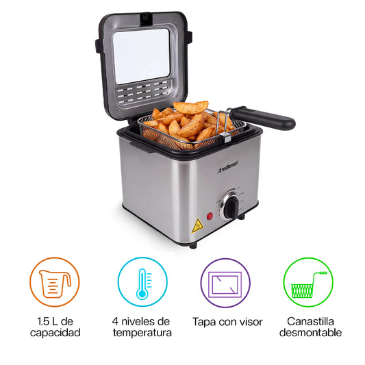 Freidora de Aceite Eléctrica 1.5 L Compacta, Canastilla Desmontable y Tapa con Ventana