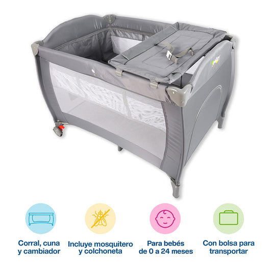 Cuna para Bebé de Viaje 4 en 1: Corral y Cambiador, con Colchoneta y Mosquitero