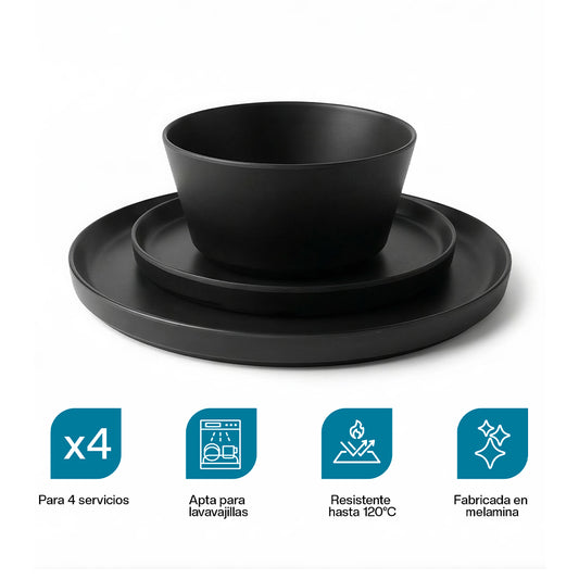 Vajilla Negra de Melamina Resistente a Caídas 12 Piezas para 4 Personas