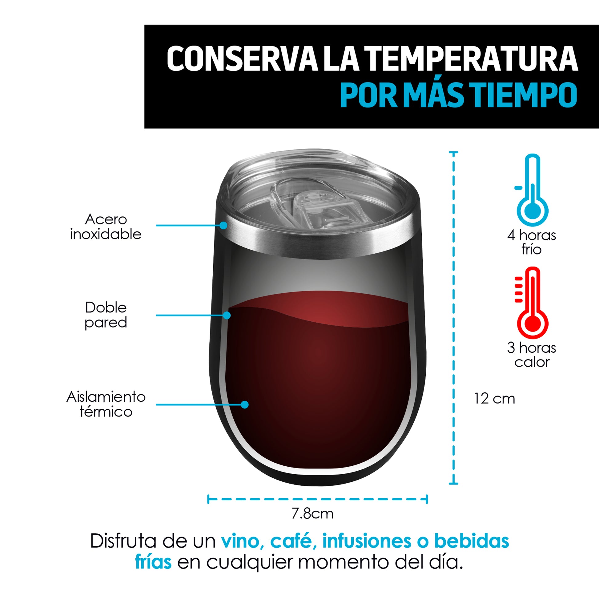 Vaso Térmico para Café y Vino Acero Inoxidable 2 Piezas Redlemon Technology México