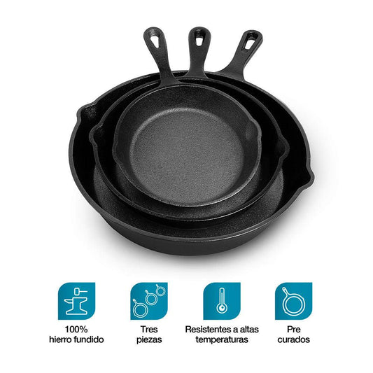 Set de 3 Sartenes de Hierro Fundido Antiadherente para Cocina - Redlemon