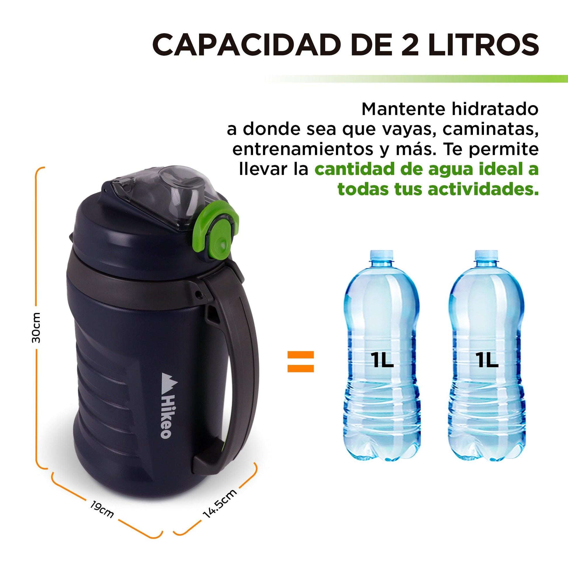 Termo de Agua 2 Litros Deportivo XL con Tapa Hermética y Popote Hikeo - Redlemon