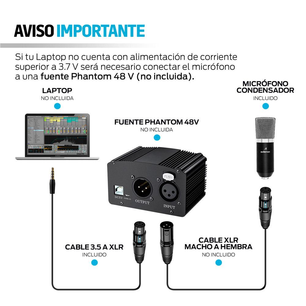 Micrófono Condensador Profesional para Estudio, AUX 3.5mm a XLR, Incluye Adaptador USB y Accesorios - Redlemon