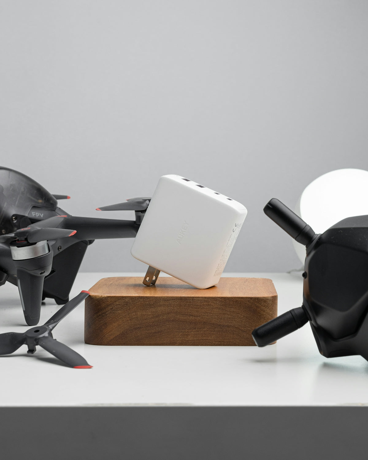 a black and white remote controlled flying device