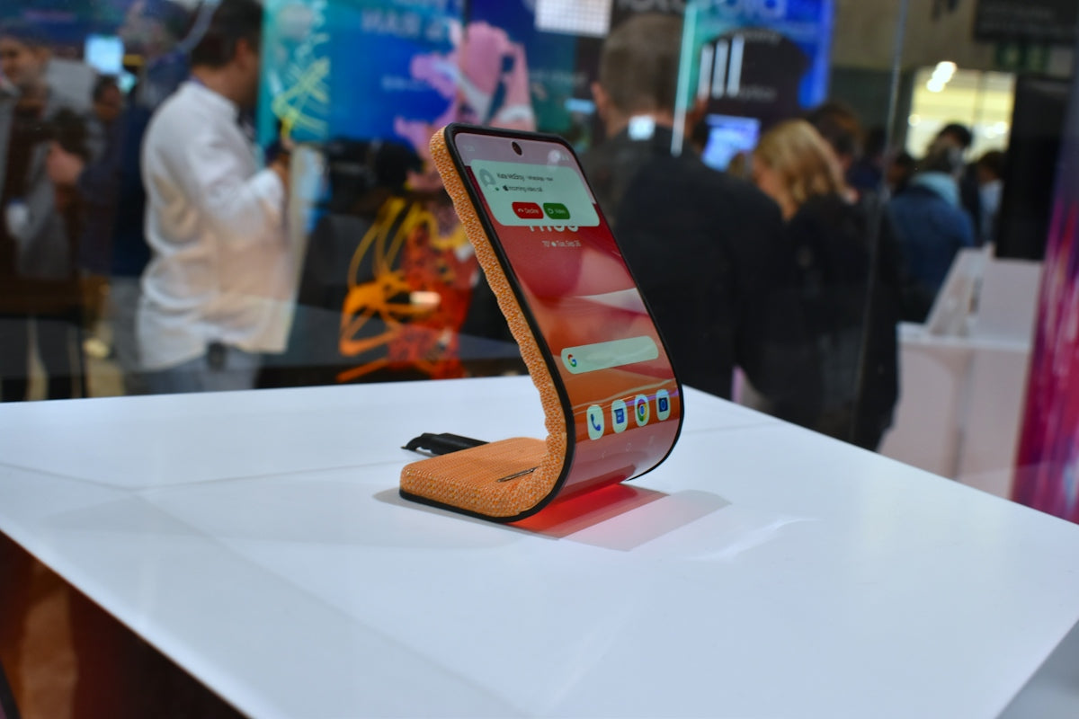 Curved smartphone displayed at an exhibition