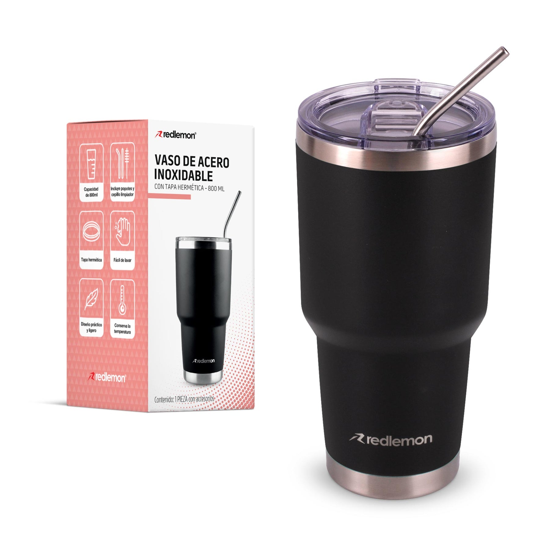 Termo y Vaso Térmico Acero Inoxidable 2 Popotes 800 ml Redlemon Technology México