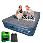 Colchón inflable matrimonial HIKEO azul y gris con bomba integrada y familia sentada encima