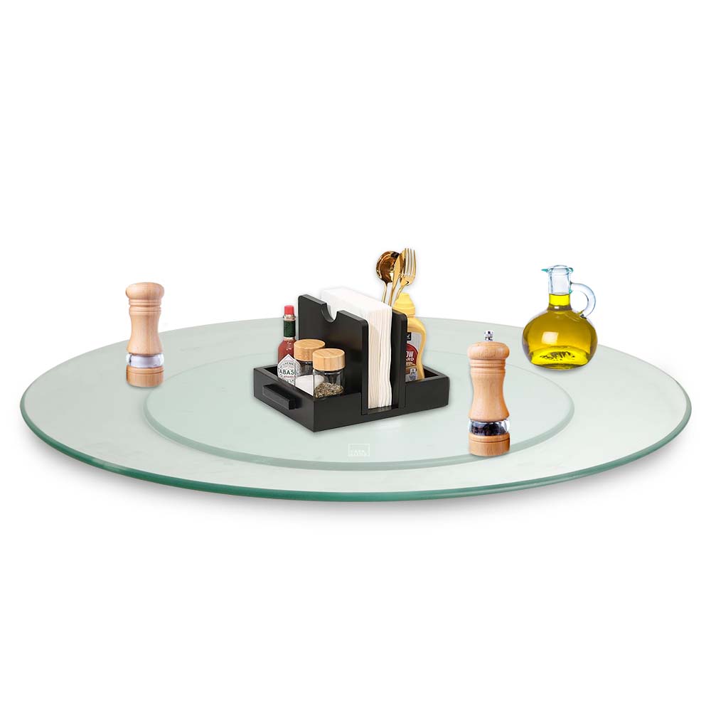 Lazy Susan de vidrio templado giratoria de 58 cm — contenido y accesorios