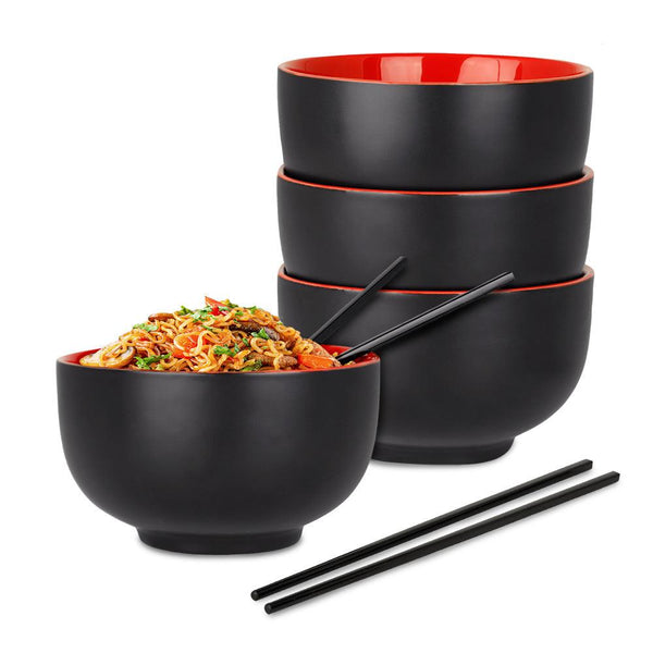 4 Platos Hondos de Cerámica para Ramen Extra Grandes con Palillos Casa Litus