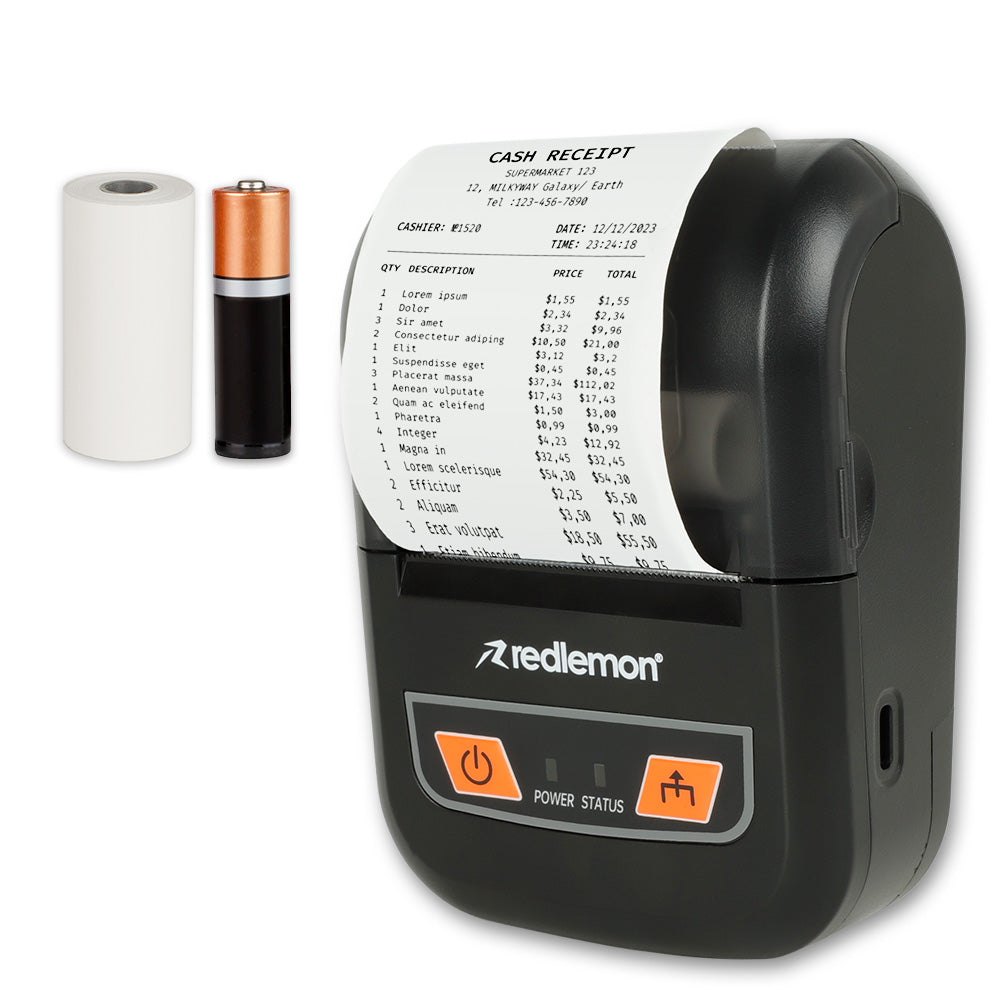 Impresora térmica portátil Redlemon negra con recibo impreso, rollo de papel y batería