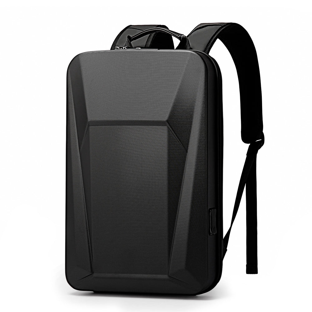 Mochila rígida negra para laptop con cubierta geométrica, asa superior y correas acolchadas