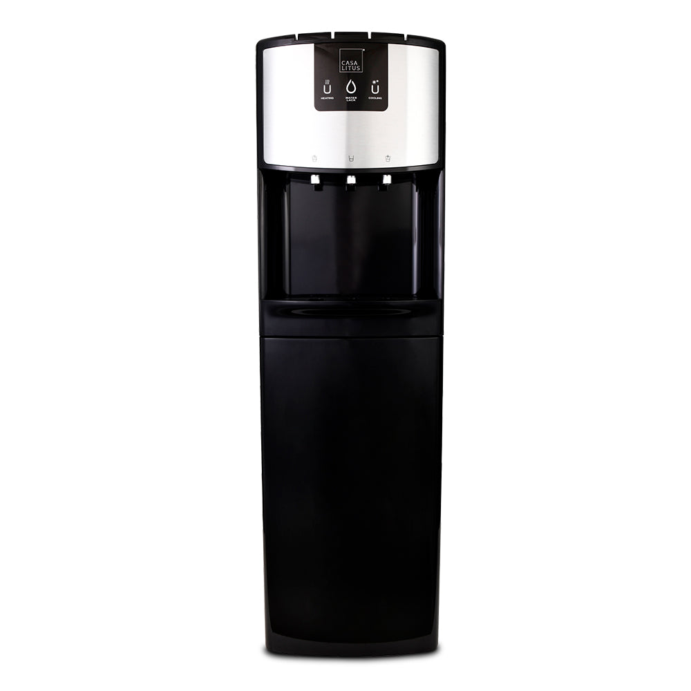 Dispensador de agua Casa Litus negro con panel frontal de acero inoxidable, vista frontal
