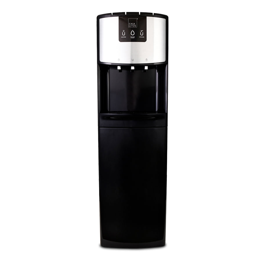 Dispensador de agua Casa Litus negro con panel frontal de acero inoxidable, vista frontal
