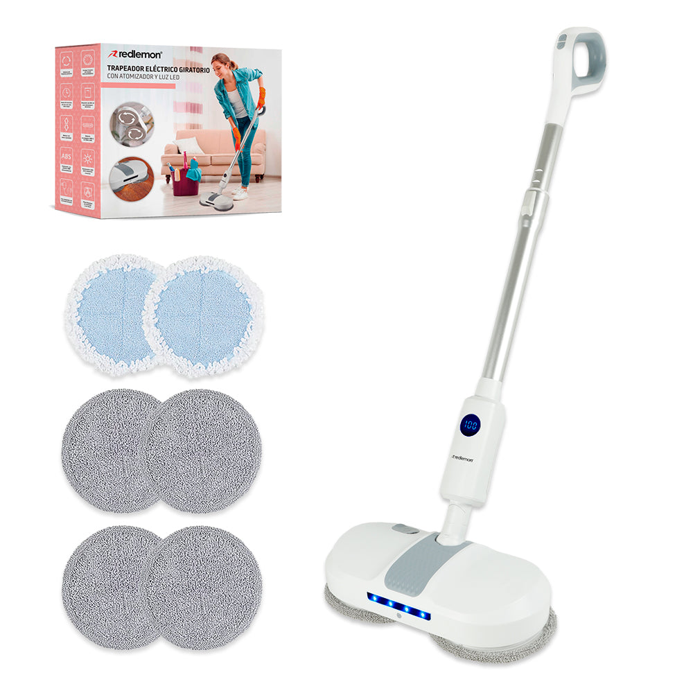Trapeador eléctrico Redlemon blanco con doble almohadilla circular, mango largo y repuestos