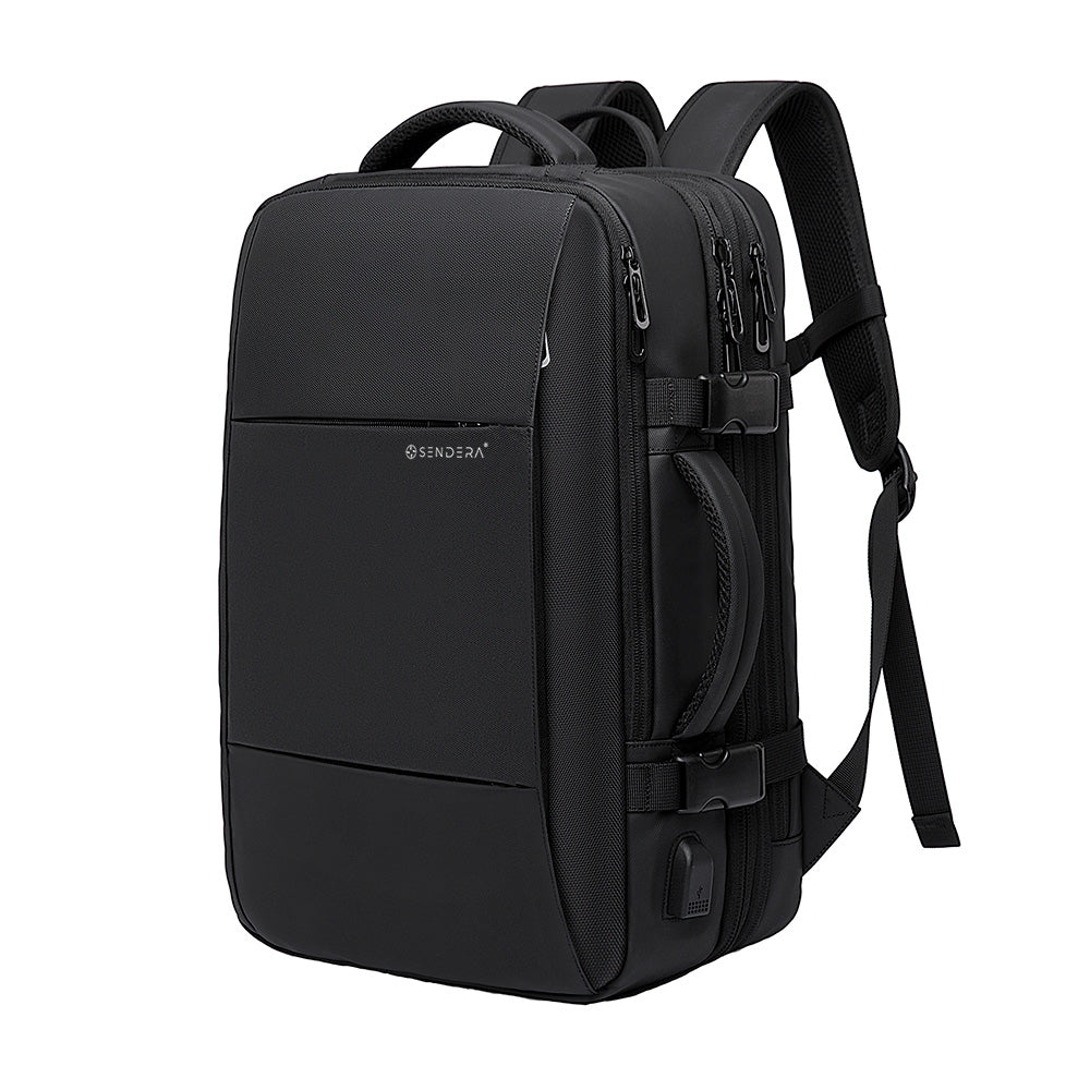Mochila de viaje Sendera negra expandible con correas acolchadas, asas y broches laterales