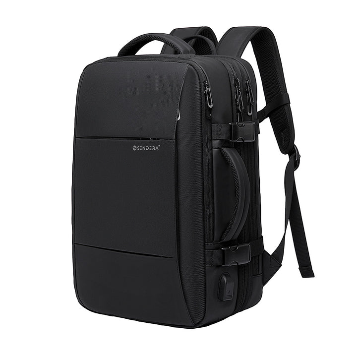 Mochila de viaje Sendera negra expandible con correas acolchadas, asas y broches laterales