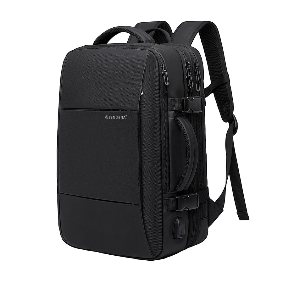 Mochila de viaje Sendera negra expandible con correas acolchadas, asas y broches laterales