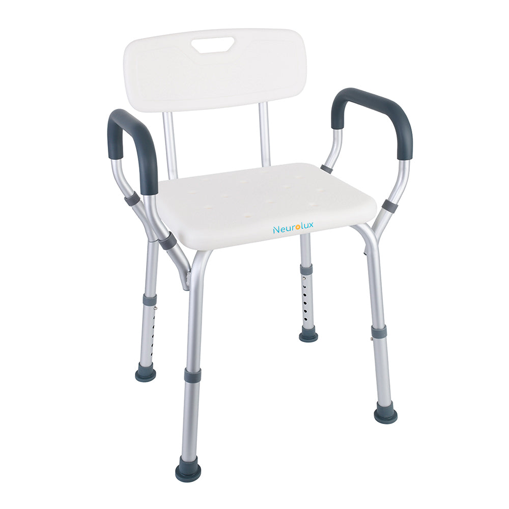 Silla para regadera Neurolux blanca con respaldo, descansabrazos y patas de aluminio ajustables