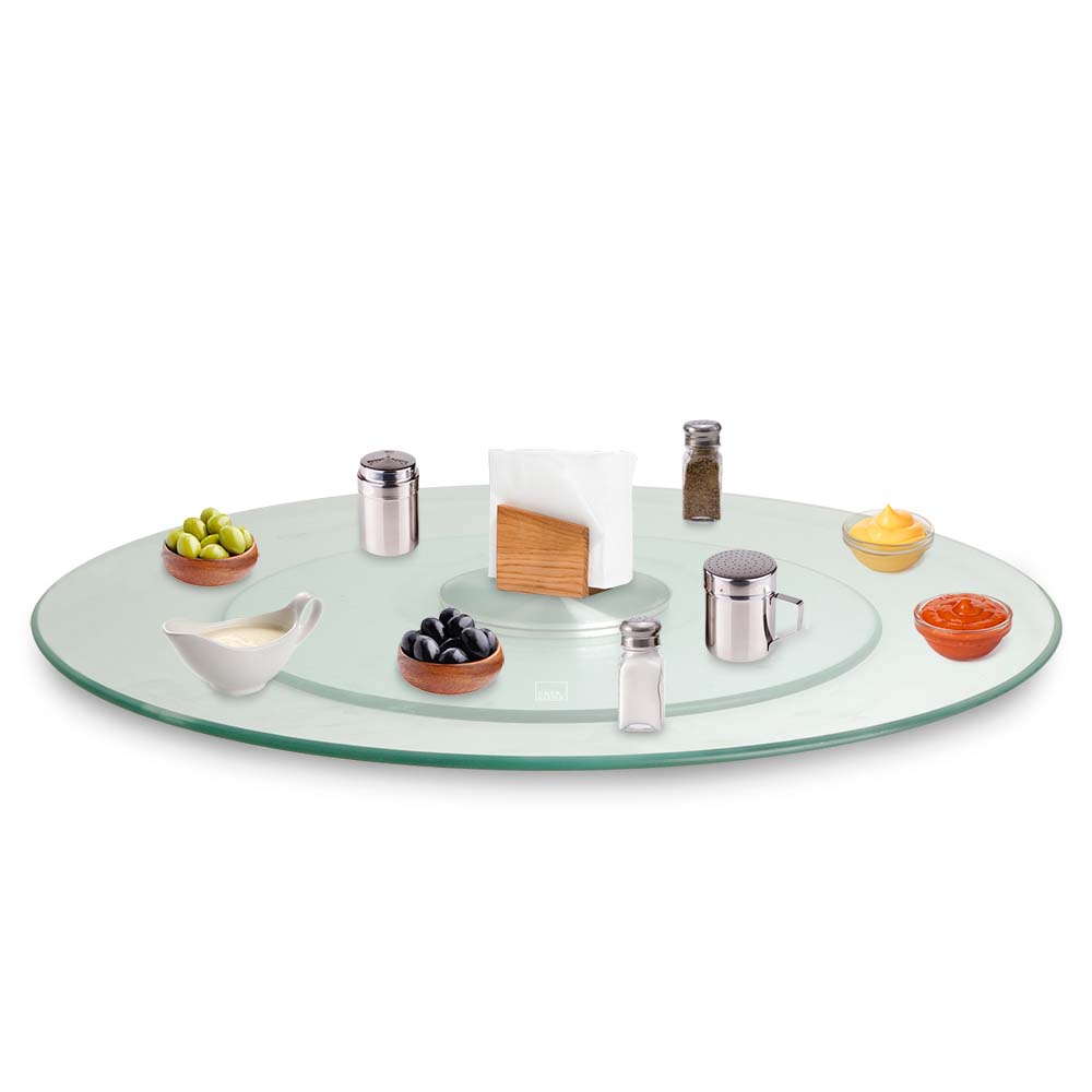 Lazy Susan circular de vidrio templado con condimentos y recipientes pequeños organizados