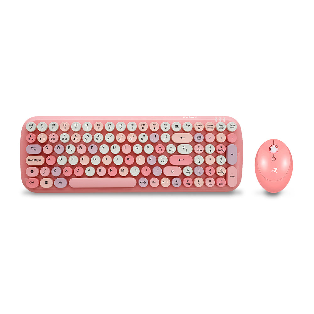 Teclado y mouse inalámbricos retro color rosa