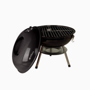 Asador de carbón HIKEO negro de 36 cm con tapa, parrilla circular y patas plegables