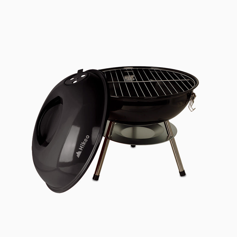 Asador de carbón HIKEO negro de 36 cm con tapa, parrilla circular y patas plegables