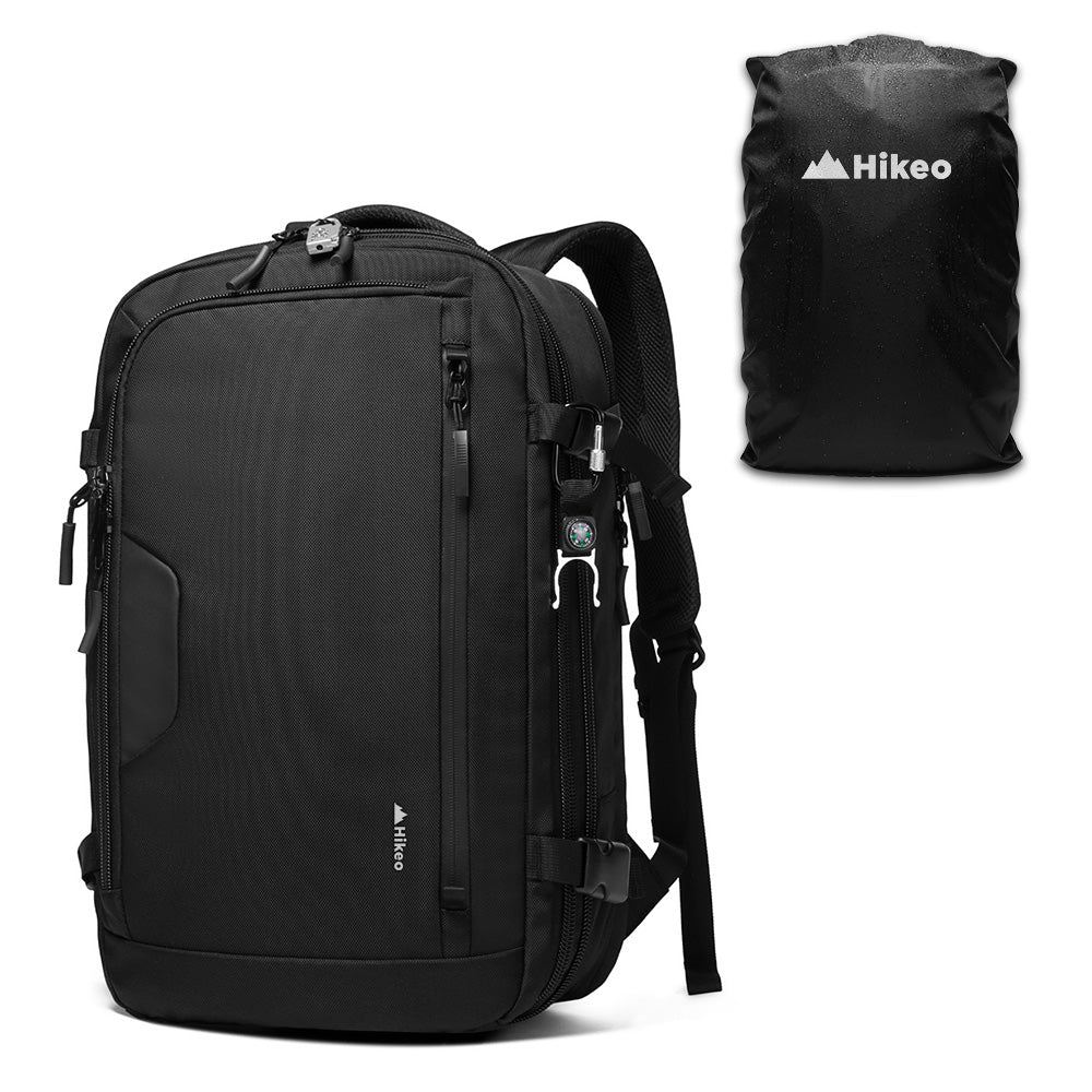 Mochila de viaje HIKEO negra expandible de 40 L con correas acolchadas y funda impermeable