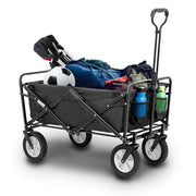 Carrito plegable HIKEO negro cargado con equipo deportivo y bolsas, vista frontal