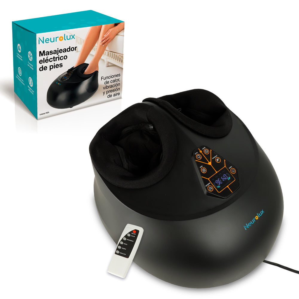 Masajeador eléctrico Neurolux negro con compartimentos acolchados, panel digital y control remoto