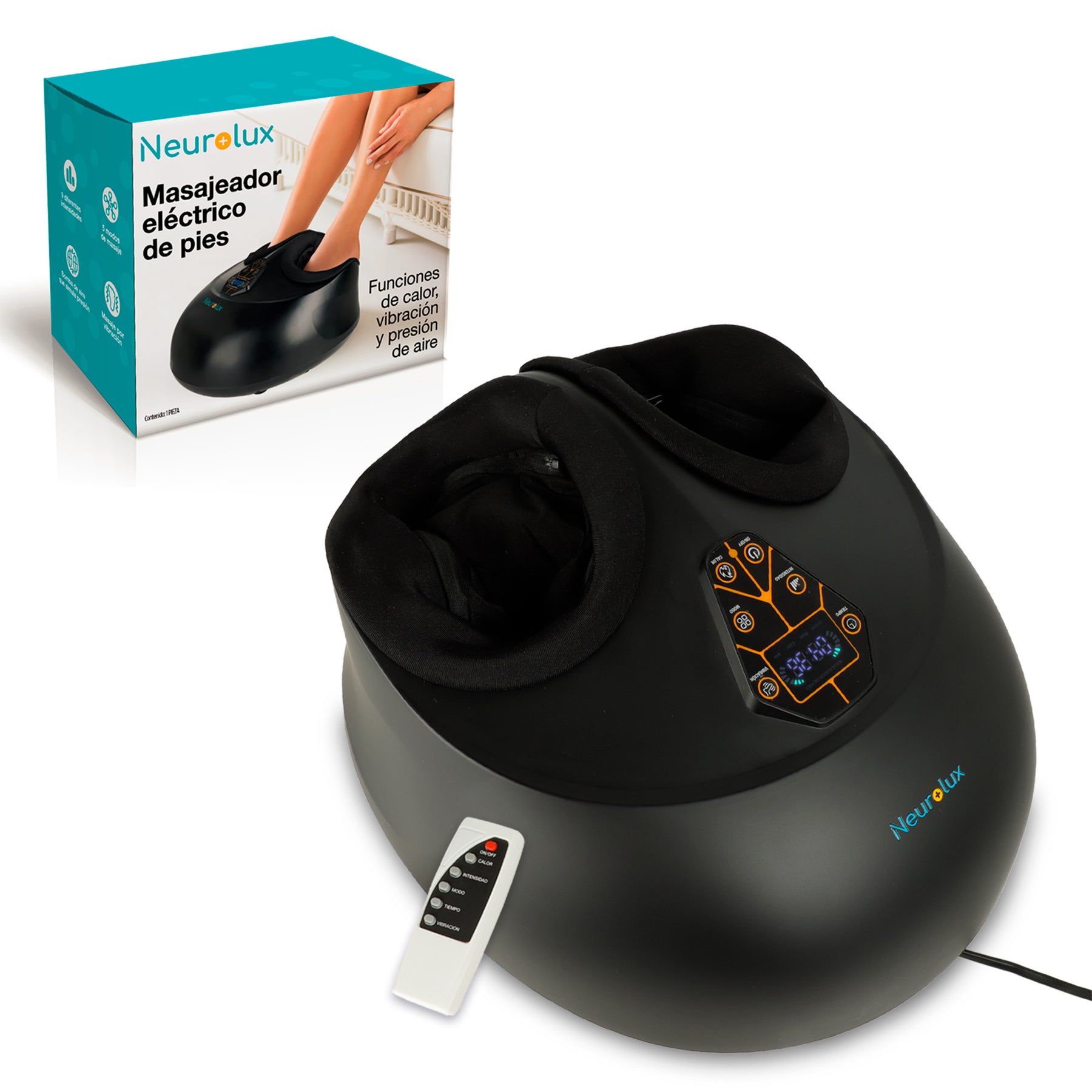 Masajeador eléctrico Neurolux negro con compartimentos acolchados, panel digital y control remoto