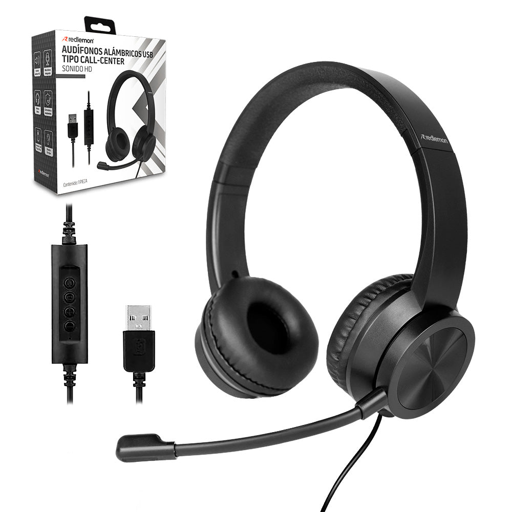 Audífonos USB Redlemon negros con diadema acolchada, micrófono flexible y control en el cable