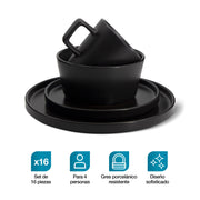 Vajilla Casa Litus negra con taza, tazón y dos platos, set de 16 piezas