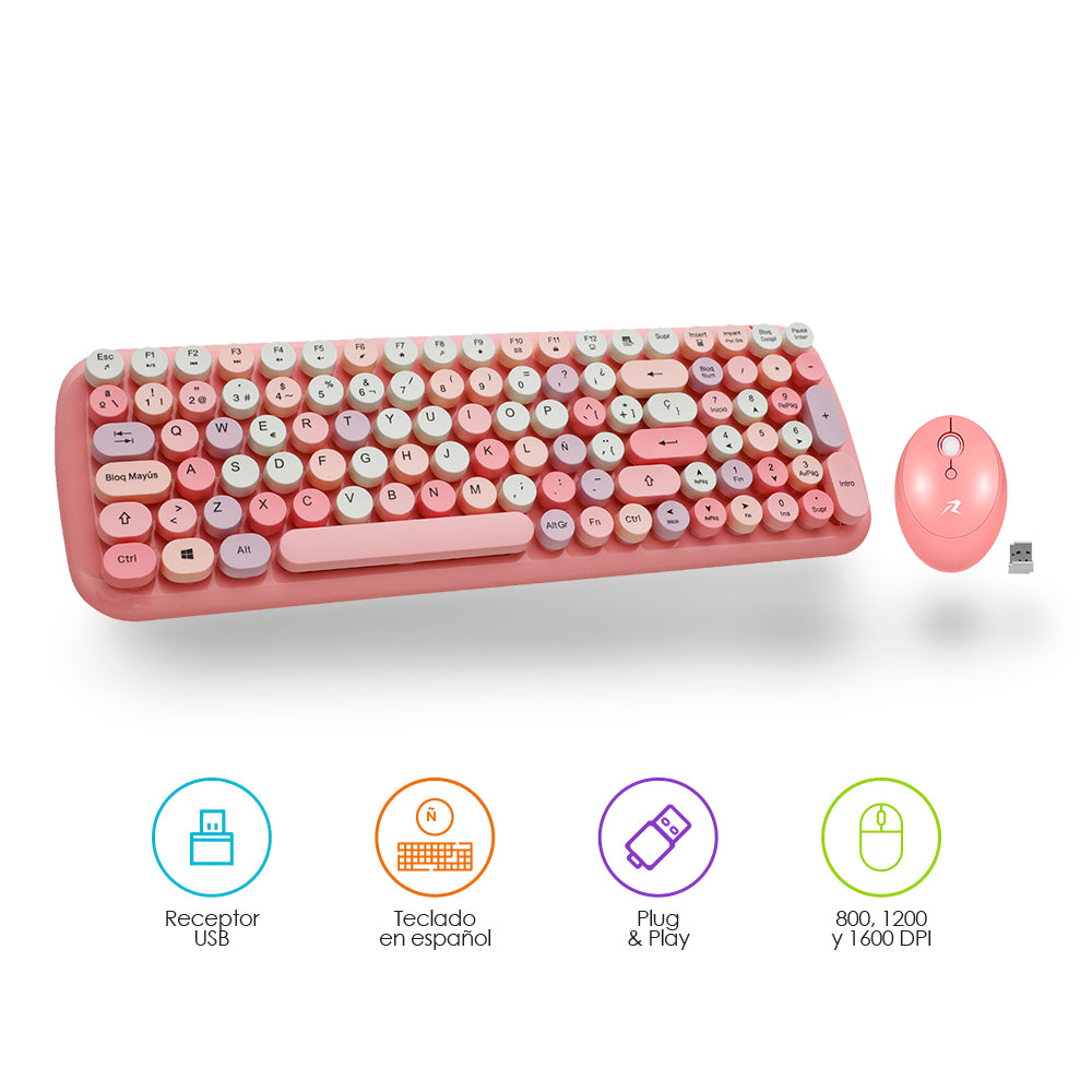 Kit retro rosa con receptor USB, teclado en español y mouse de 3 DPI