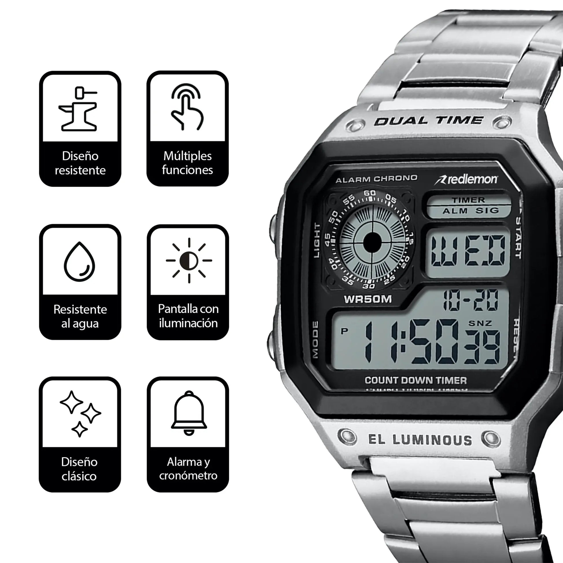Reloj Digital Clásico con Correa de Metal Mod. 1335 Redlemon Technology México