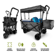 Carrito HIKEO plegado y desplegado con toldo, cesta lateral y carga de hasta 70 kg